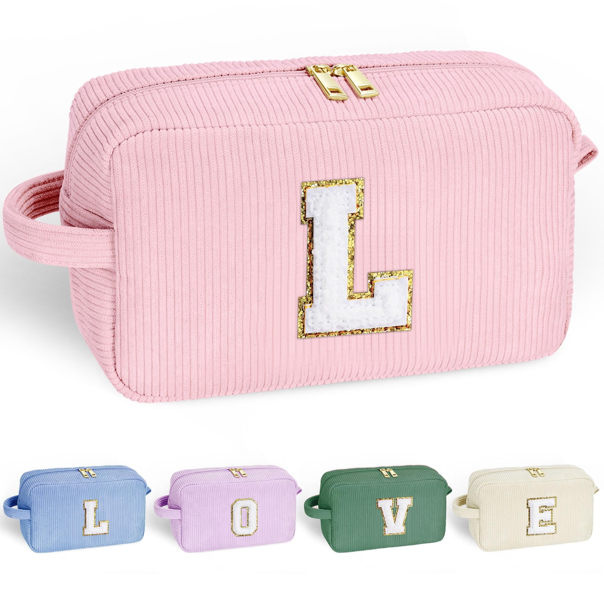 Yoolife Initial Travel Makeup Bags Set for Women Girl, Small Toiletry Cosmetic Bag, Makeup Organizer, Birthday Gifts for Women, Travel Pouch, Pink, L