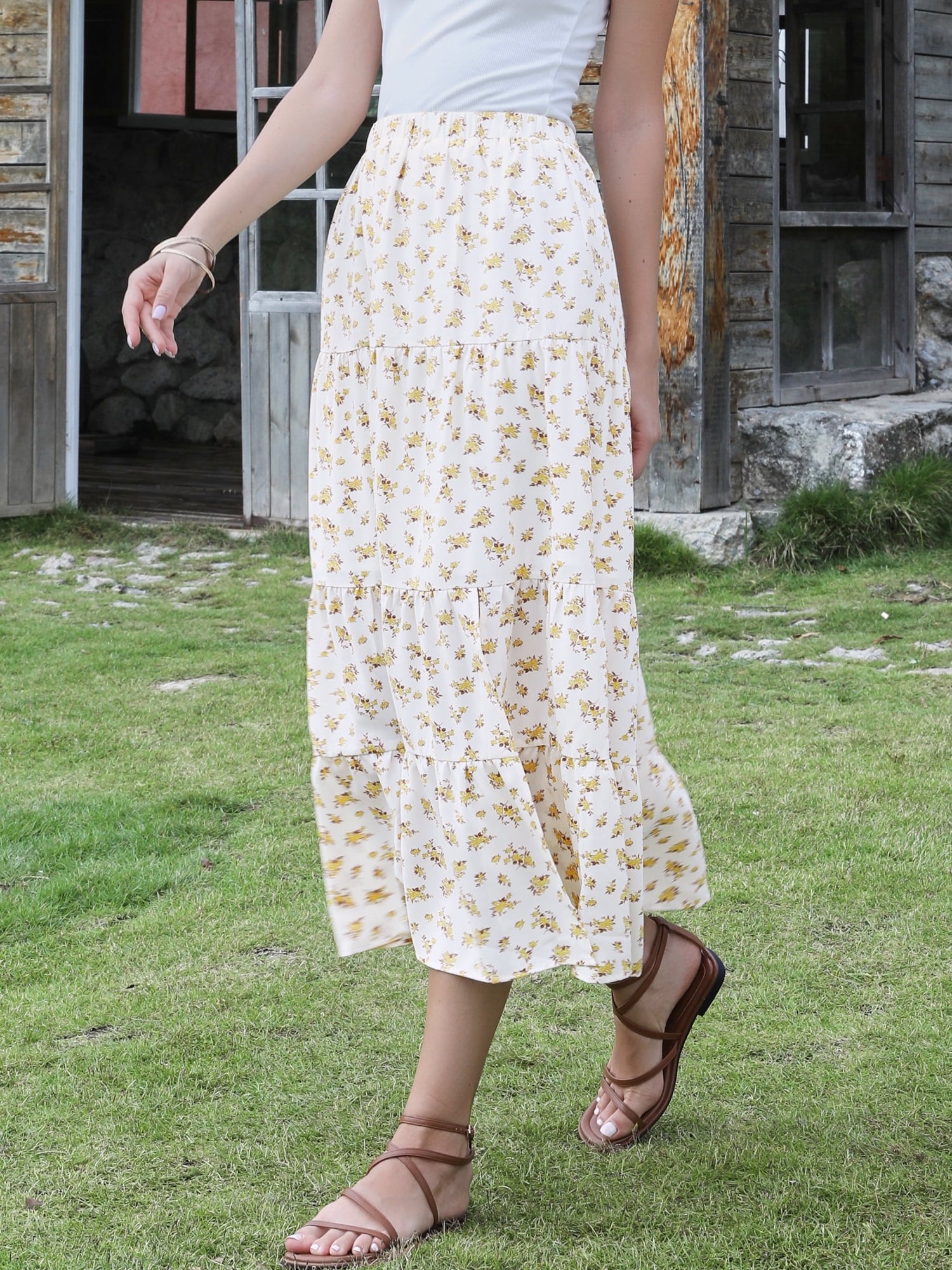 DARING DIVA Women's Floral Maxi Skirt Elastic High Waist A Line Skirts Medium Beige