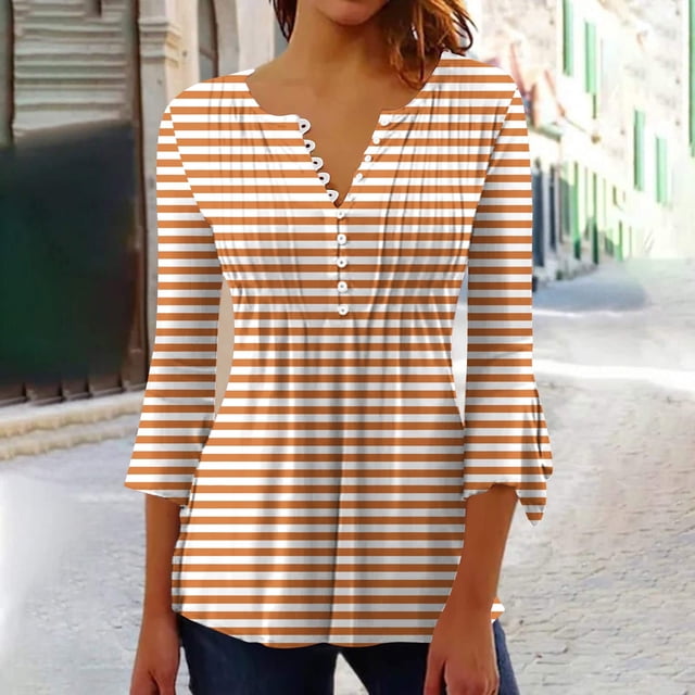 RXIRUCGD Blouse T-Shirt Décontractée à Rayures Mode Imprimée Col en V Manches Courtes Ample pour Femmes, Orange, Taille : m