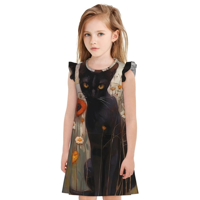 Fotbe Black Cat in Wildflowers Vestido de Dormir para Niñas de 3 a 10 Años, Mangas Cortas, Estilo Princesa, Pijama Camisón con Mangas Voladas-XX-Large