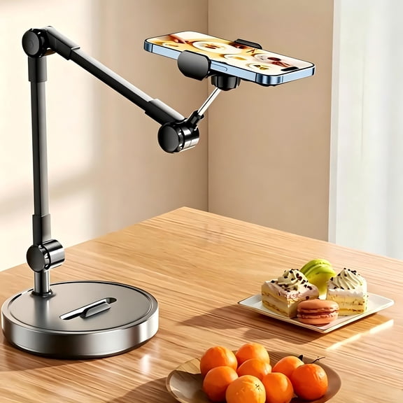 Heavy Duty Adjustable Metal Desktop Phone Holder with Stable Base, Ergonomic Phone & Tablet Stand for Live Stream & Video Recording, Works with Tripods and Selfie Sticks
