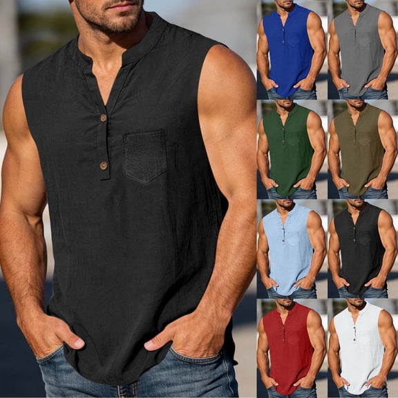 SROBPTY Mens Tank Tops Solid Crew Neck Sleeveless Button Front Curved Hem with Pockets Casual Shirts for Daily Wear