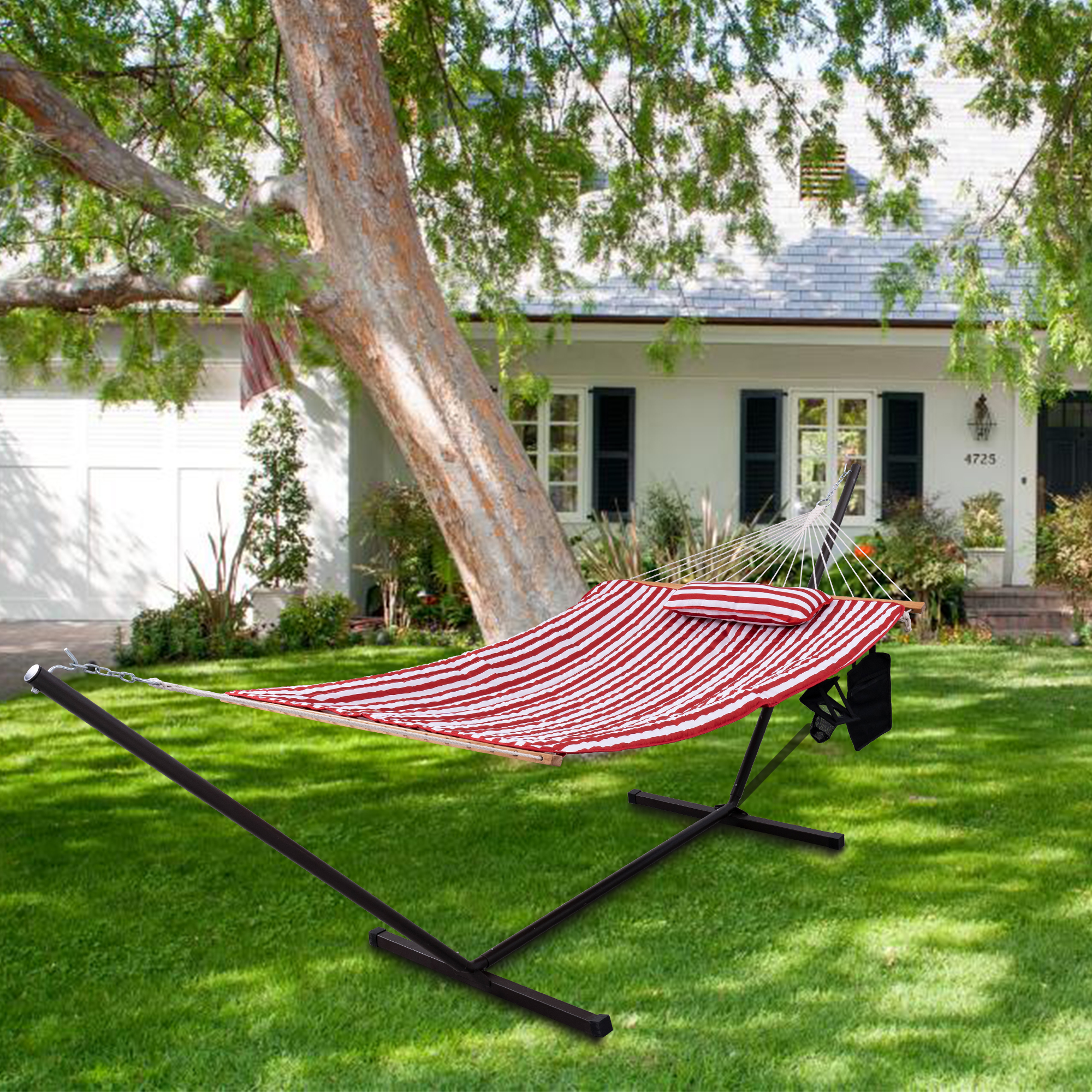Sundale Outdoor Stripe Cotton Rope Hammock with 12 Feet Steel Stand, Quilted Polyester Pad and Pillow - image 5 of 10