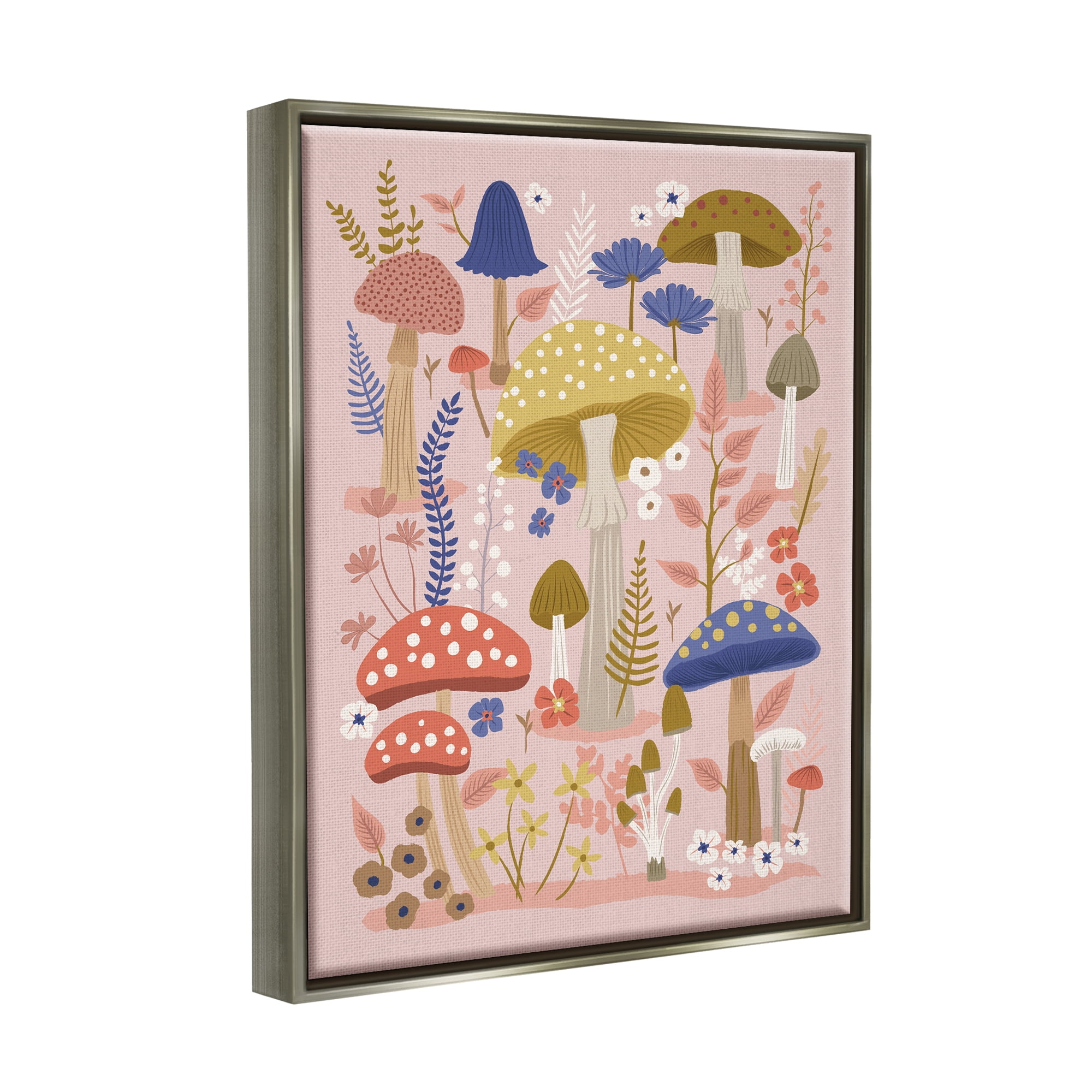 Stupell Industries Mushrooms & Botanical Pattern Botanical & Floral Painting Gray Floater Framed Canvas Art Print Wall Art, 25 x 31