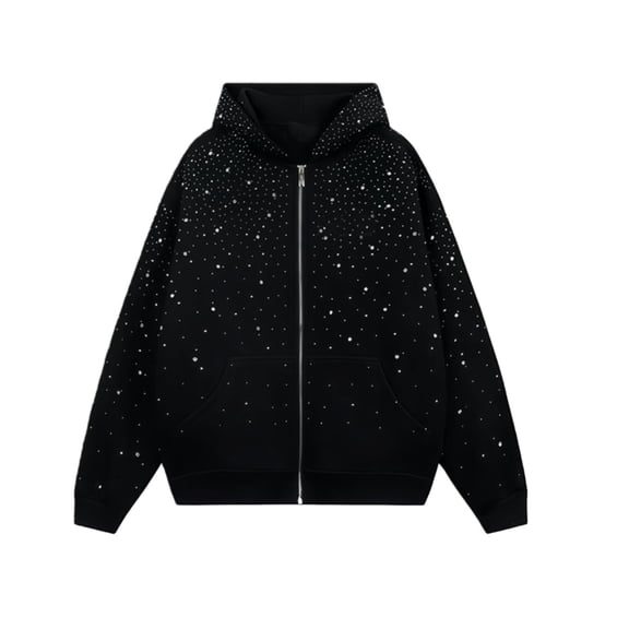 KHONTS Goth Y2k Rhinestone Hoodie for Women Men Full Zip Long Sleeve Oversized Hooded Sweatshirts Casual Fashion Streetwear Black XL