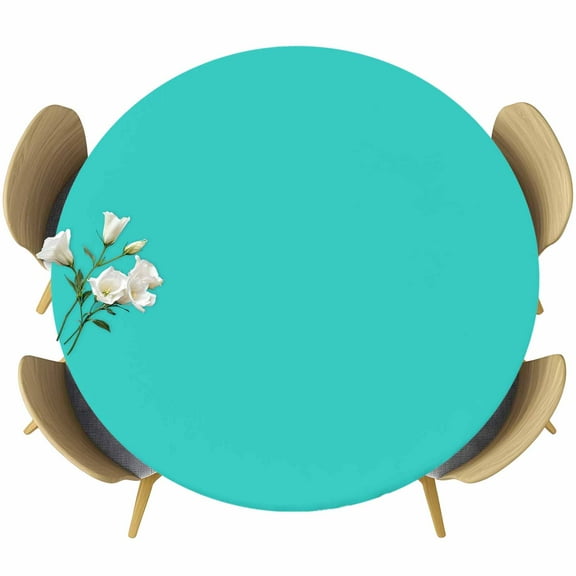 Turquoise Round Tablecloth 55-60 Inch Round Fitted Table Cloth with Elastic Edge, Modern Pure Turquoise Waterproof Table Cover Protector for Outdoor Picnic Party Dining