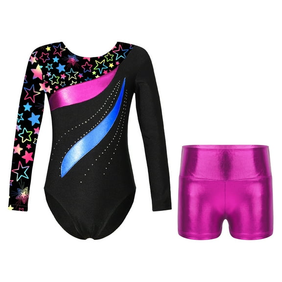 TiaoBug Girls 2 Piece Gymnastics Leotards Unitard Outfits Kids Workout Gym Training Bodysuit with Shorts 4