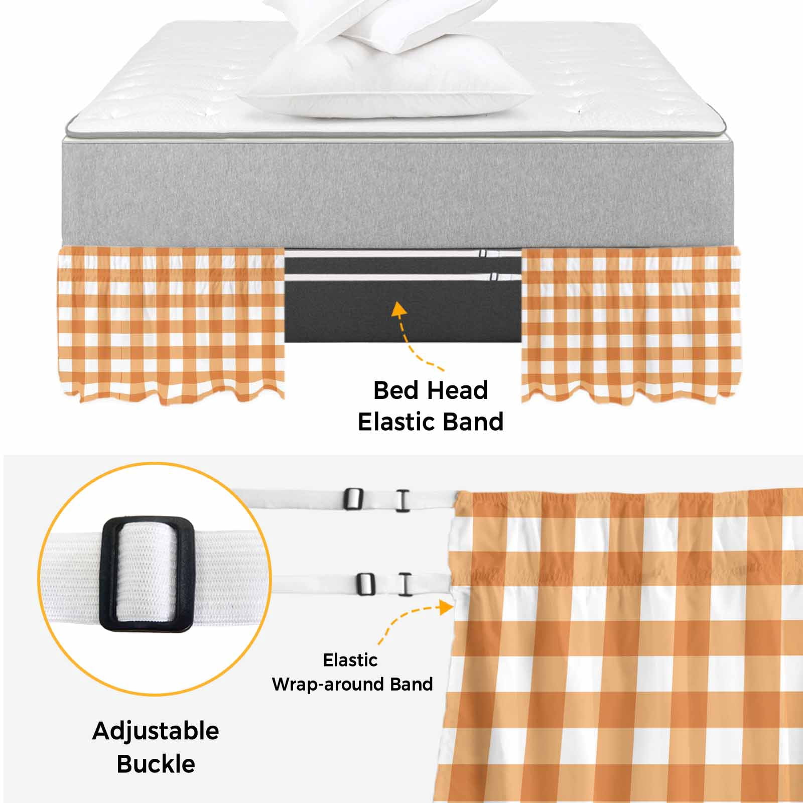 Orange Plaid Bed Skirt Queen Size, Gradient Geometric Buffalo White Checkered Wrap Around Bed Skirting with Adjustable Elastic Strap, Dust Ruffle Pleated Bedskirts 18 Inch Drop for Bedroom Queen Beds