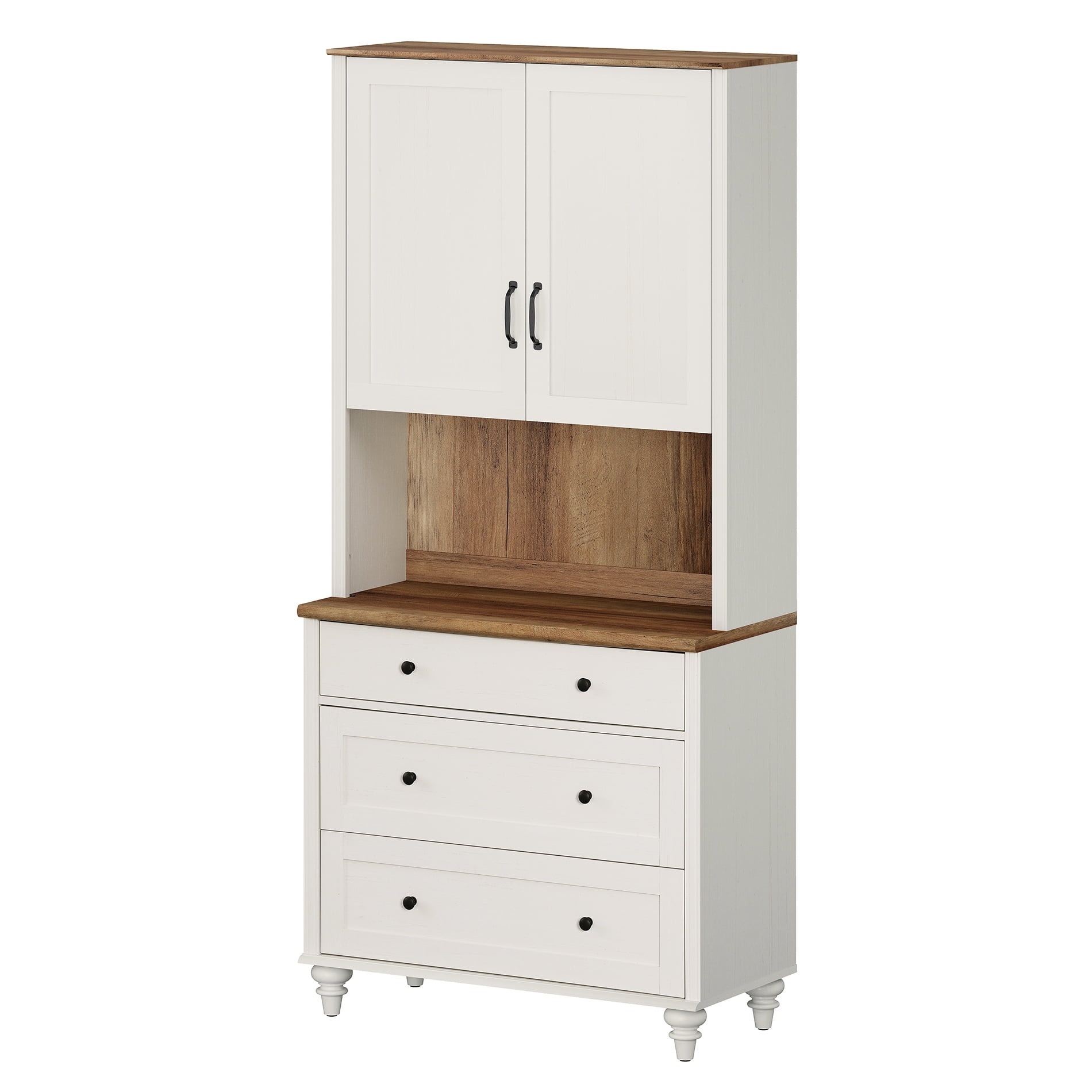 White Morden Bookcase with Wood Doors, Bookshelf with 3 Drawers, Farmhouse Library Wooden Bookshelves for Living Room, Office, Study Room