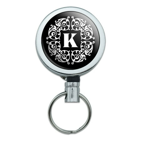 - Letter K Initial Black White Scrolls Retractable Belt Clip Badge Key Holder