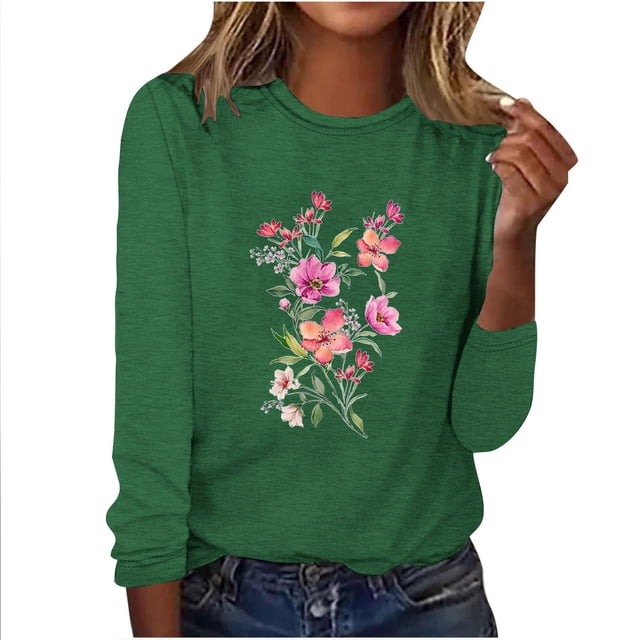 Blouses pour Femmes Décontractées, Blouses à Manches Longues pour Femmes, Mode Femmes Décontractées Manches Longues Imprimées Col Rond T-Shirt Ample Blouse, Blouses Femmes Manches 3/4, Blouses Manches 3/4 pour Femmes