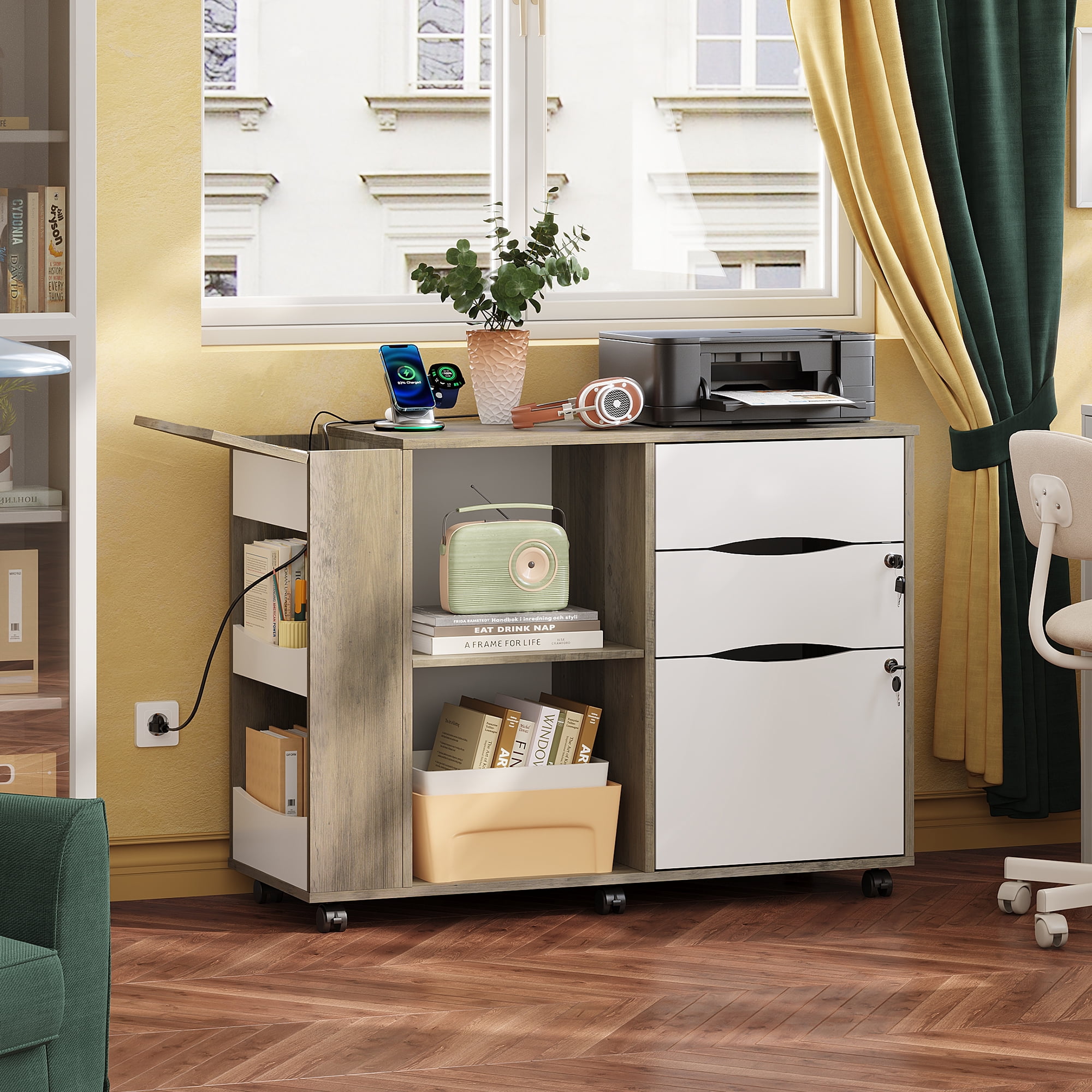 GALAXHERO Wood File Cabinet with 3 Drawers, Open Storage Shelves, Rolling Printer Stand with Charging Station for Home Office, Gray White