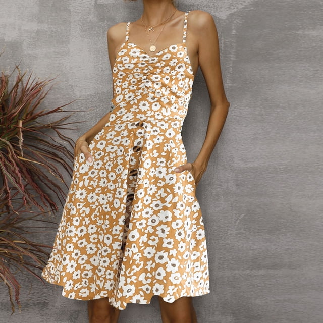 Vestido de mujer de moda casual de cintura media sin mangas con estampado de flores Slim Fit Strap Maxi Sexy tirantes vestido Pompotops qyievc1174