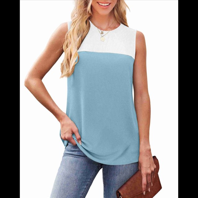Camiseta Sin Mangas Informal de Verano con Cuello Redondo y Bloques de Color para Mujer, Color Azul L