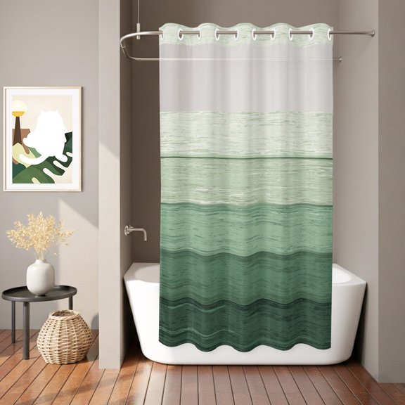 Rustic Stripes Shower Curtain, Green Gradient Farmhouse Wood Grain Waterproof No Hooks Bath Shower Curtain with See Through Top Window for Bathroom Bathtub 36x72in