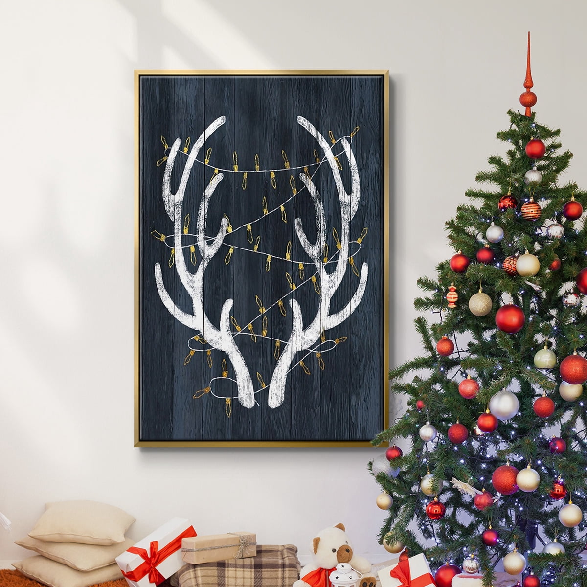 Antlers & Lights - Framed Gallery Wrapped Holiday Canvas - 25 x 37 - Gold Frame