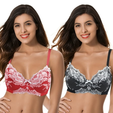 Curve Muse Womens Plus Size Unlined Semi-Sheer Balconette Underwire Lace Bra-2PK-BLACK RED-42B