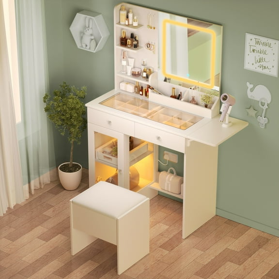 [Luckynote] Vanity Desk with Mirror and Lights and Chair, Makeup Vanity with Glass Top and 2 USB Power Strip, Vanity with Two Drawers and one Cabinet, Dressing Table Set with 3 Lights Colors Mirror