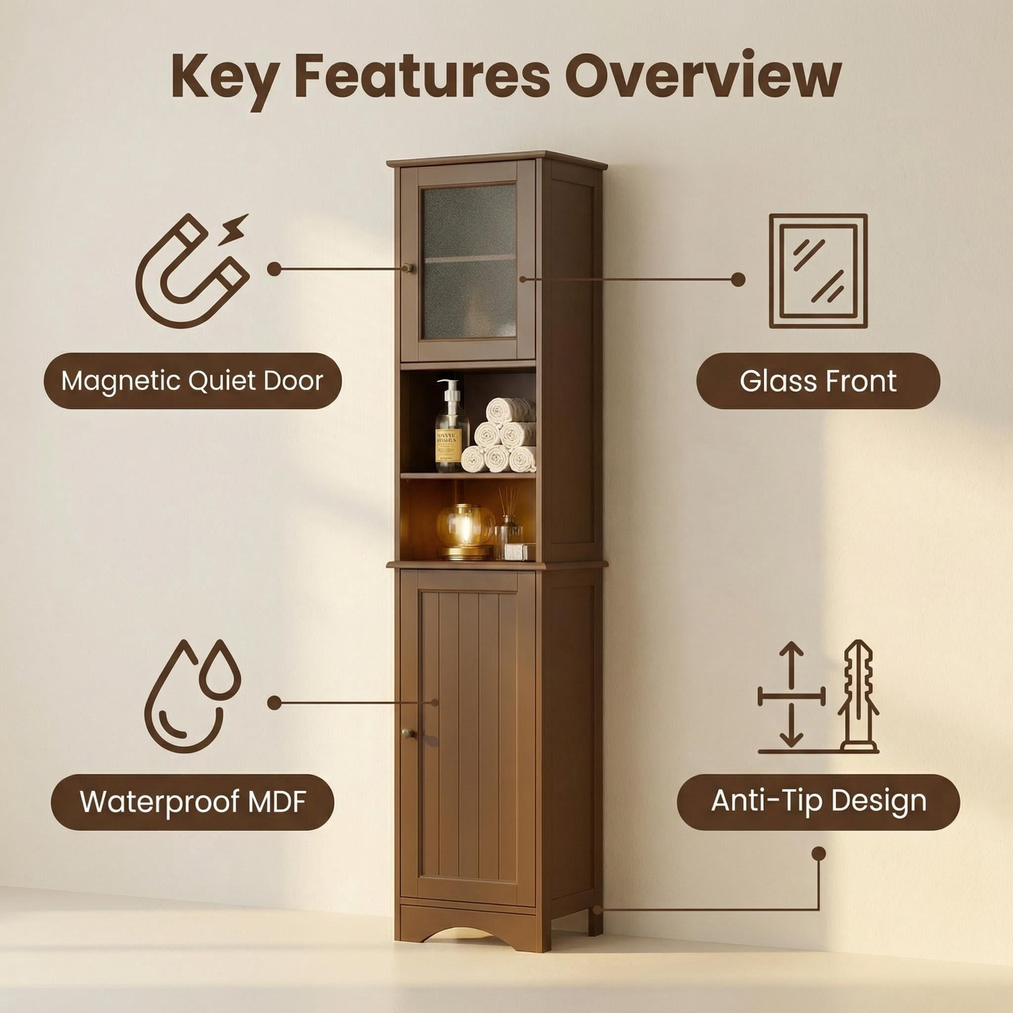 Lofka 67”H Tall Bathroom Storage Cabinet with Adjustable Shelves, Narrow Tall Linen Tower  with Two-Way Doors, Dark Brown