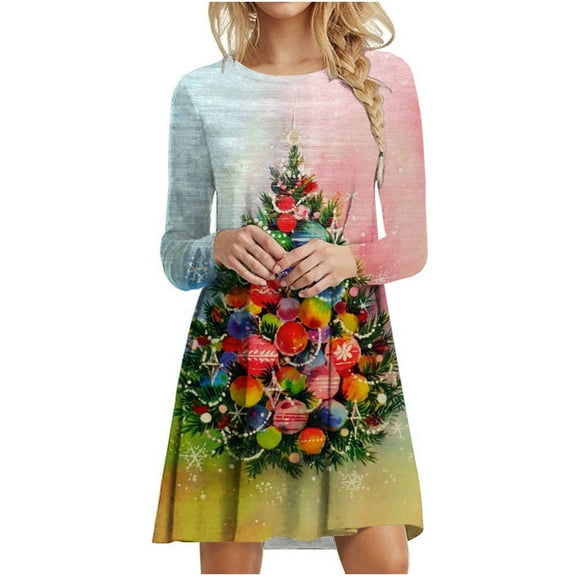 Viikei Womens Christmas Women's Fashion Christmas Christmas Tree Print Long Sleeve Round Neck Dress