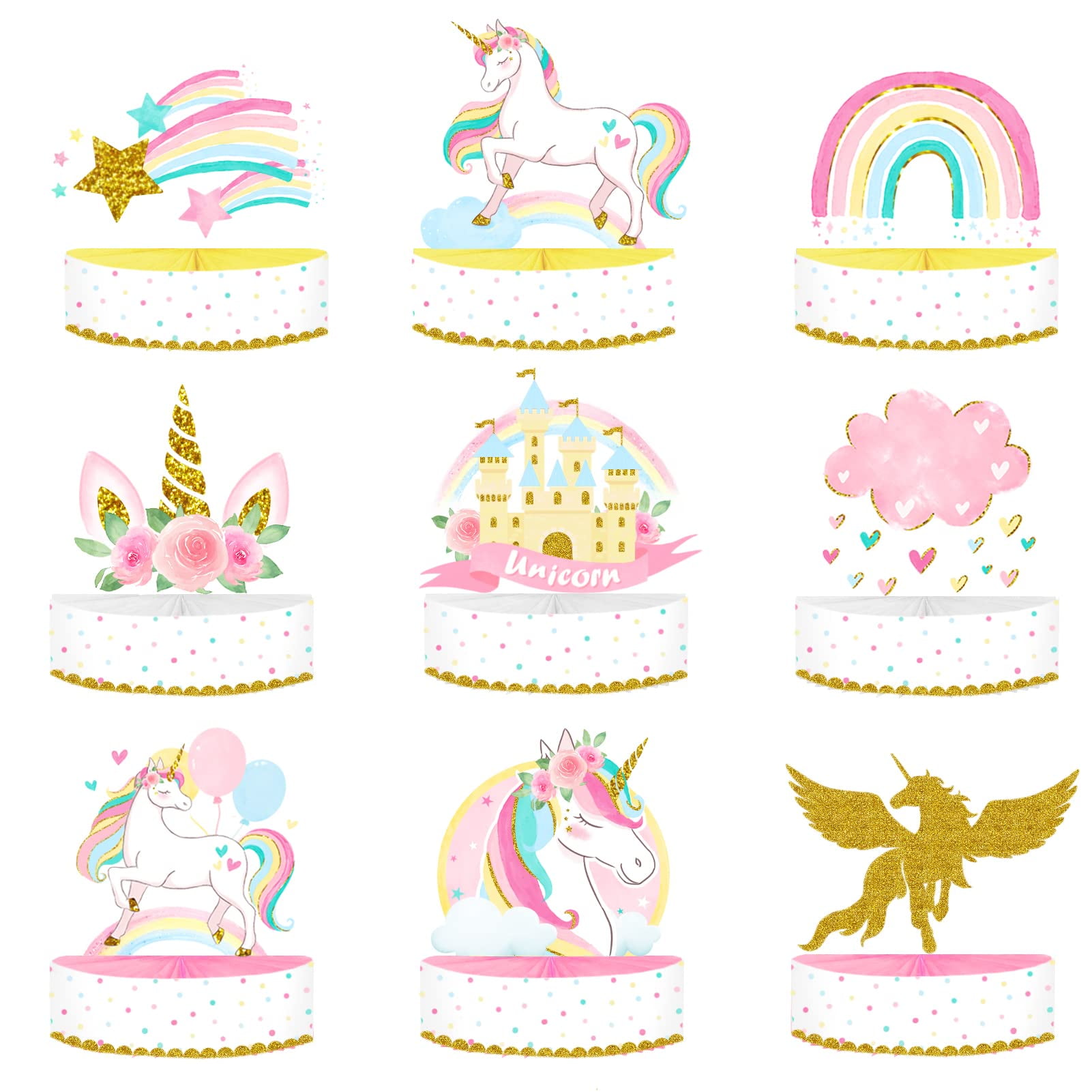 9PCS Rainbow Unicorn Honeycomb Centerpieces for Table Decorations
