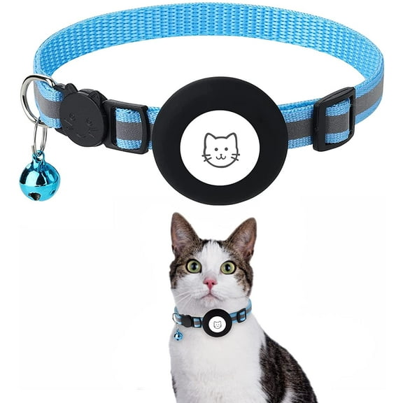 Breakaway Airtag Cat Collar, Reflective Apple Air Tag Cat Collar with Bell and Waterproof Airtag Holder Case, GPS Pet Tracker Collar for Girl Boy Cats, Kittens, Puppies (Blue)
