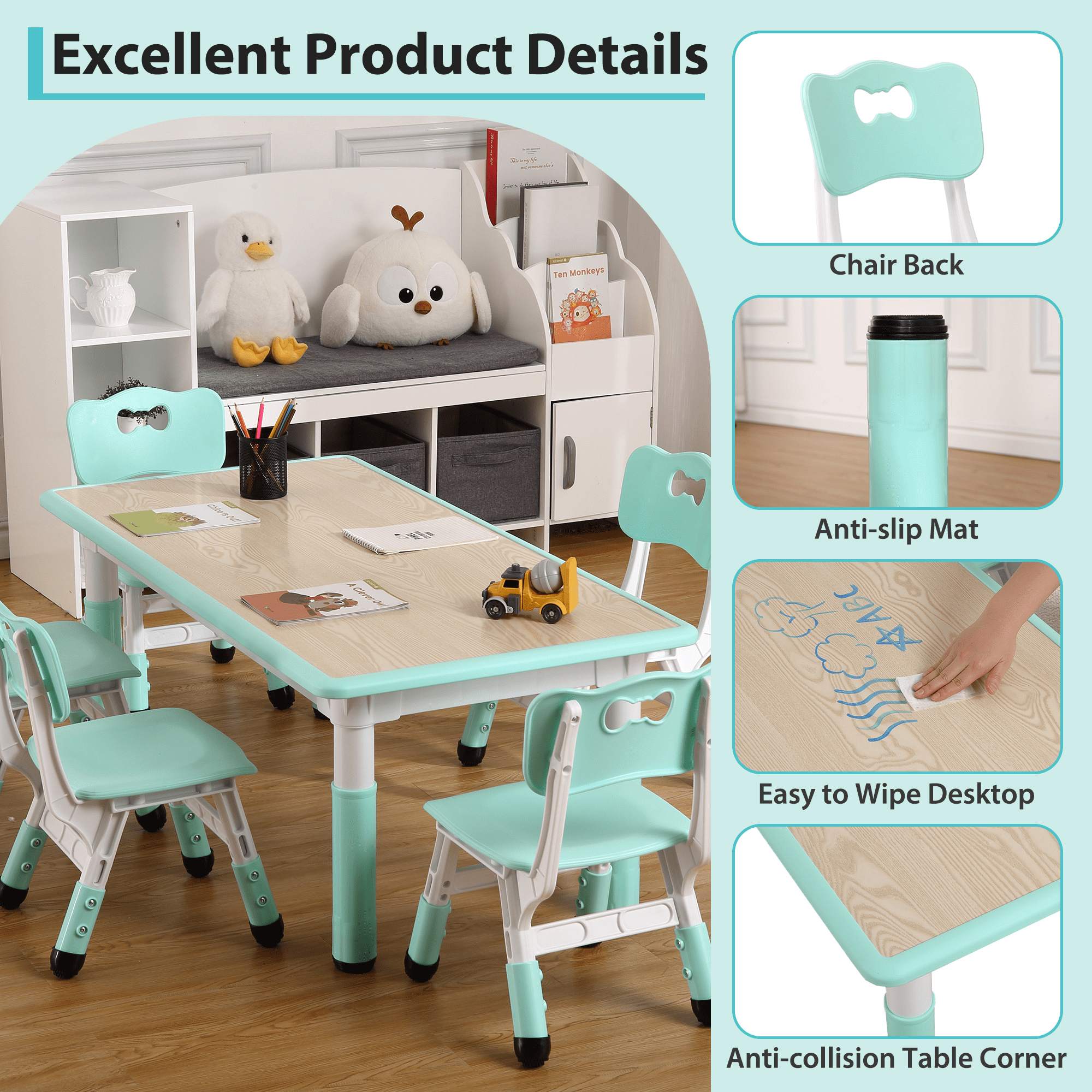 Adjustable Height Kids Table and 6 Chairs Set - Graffiti-Resistant Multi-Activity Desktop - Non-Slip Legs - Preschool & Study Table for Home, Study Room, Daycare - For Ages 2-10 - Lake Blue