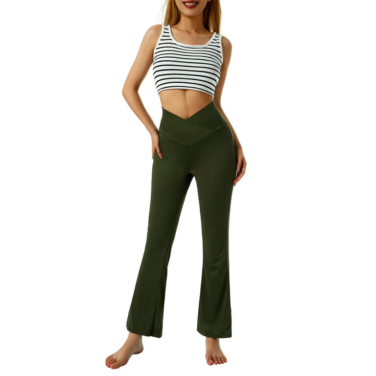 Canrulo Womens Yoga Pants Leggings High Waisted Wide Leg Yoga Flare Pants  Tummy Control Workout Running Pants Army Green XXL 