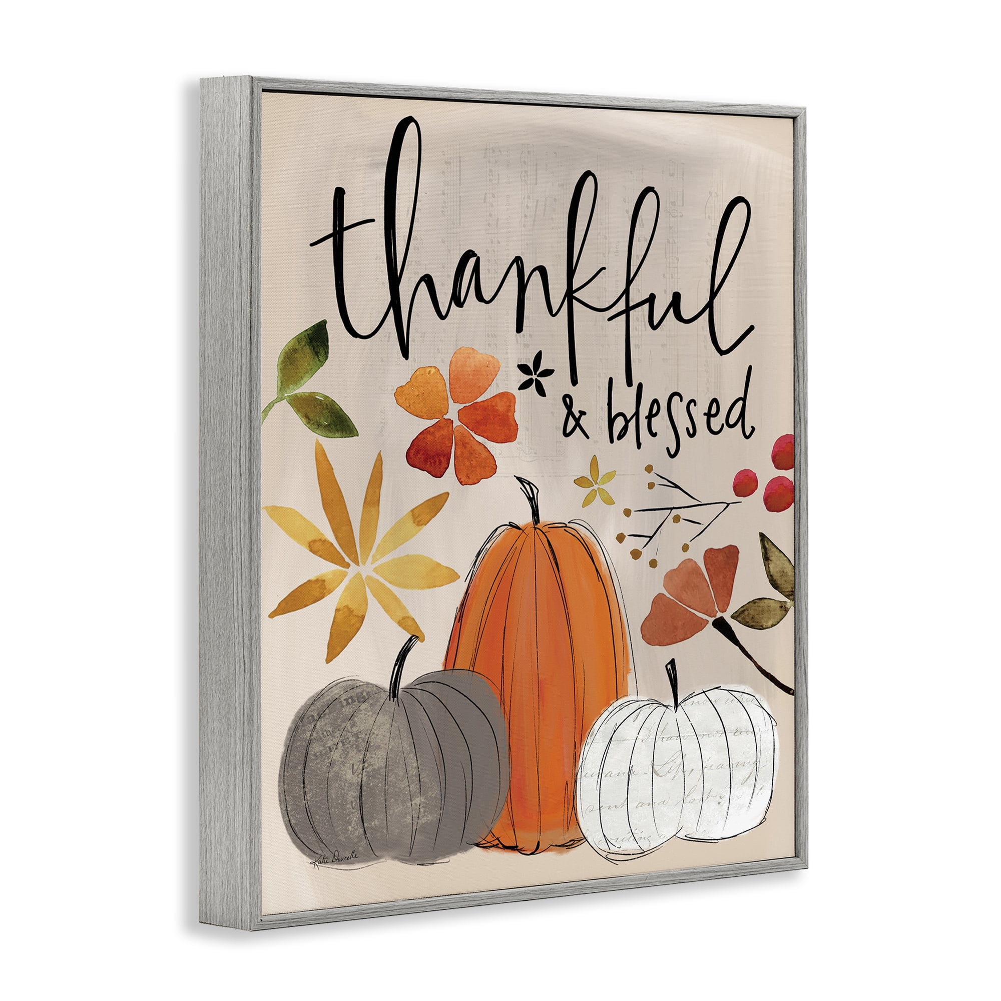 Stupell Industries Thankful & Blessed Pumpkins Botanical & Floral Painting Gray Framed Art Print Wall Art, 16 x 20