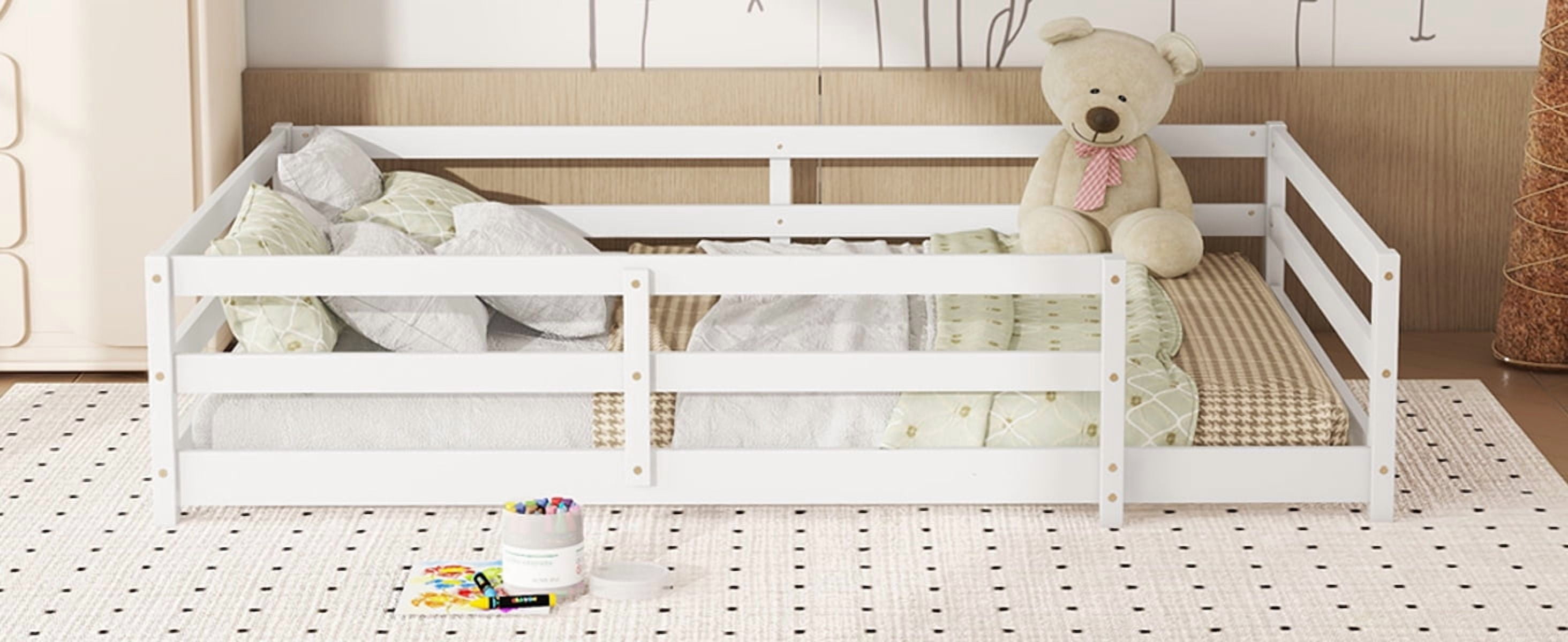 Full Size Floor Bed with Fence, Wood Floor Bed, White