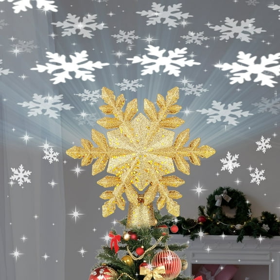 BOPORO Christmas Tree Topper Decoration Lights LED Rotating Projector, Gold Christmas Star with 6 Slides for Christmas Tree Decoration-Snowflake