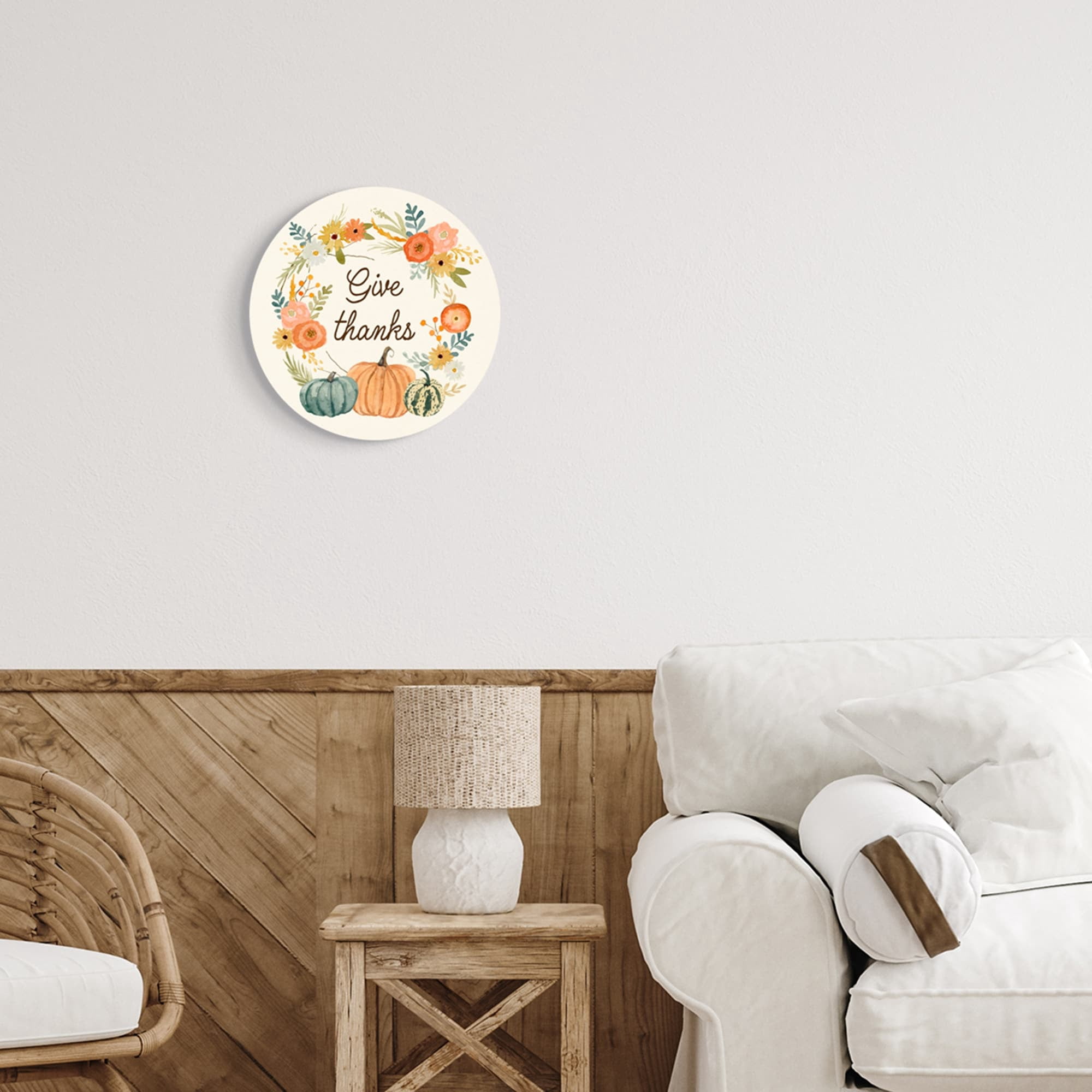 Stupell Industries Give Thanks Sentiments Orange Floral Pumpkin Wreath,12 x 12,Design By Victoria Barnes