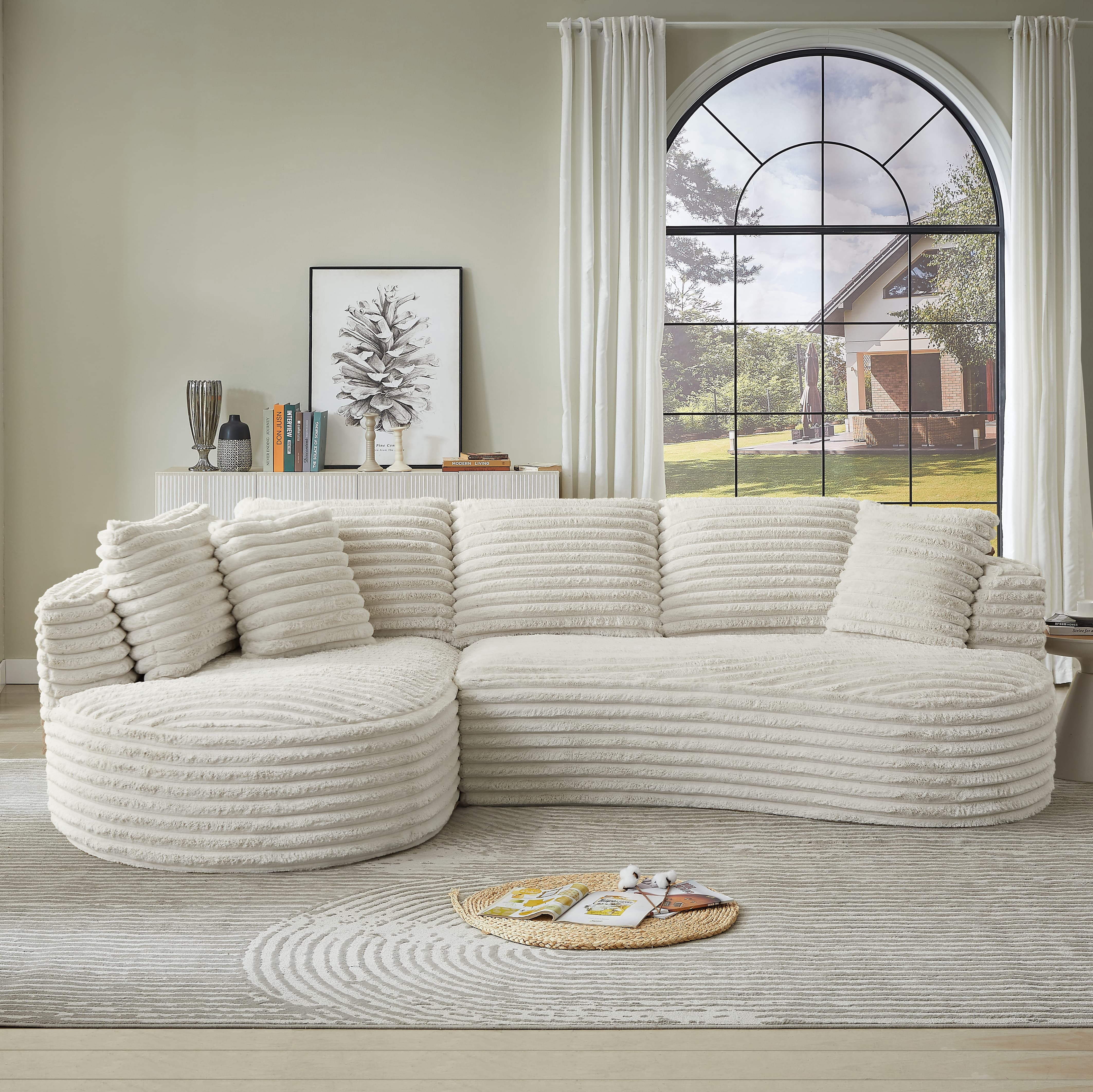 MAYEERTY Corduroy Curved L-Shape Oversized Sectional Sofa, Minimalist Luxury Sleeper Couch for Apartments, 121"W x 66"D x 35"H