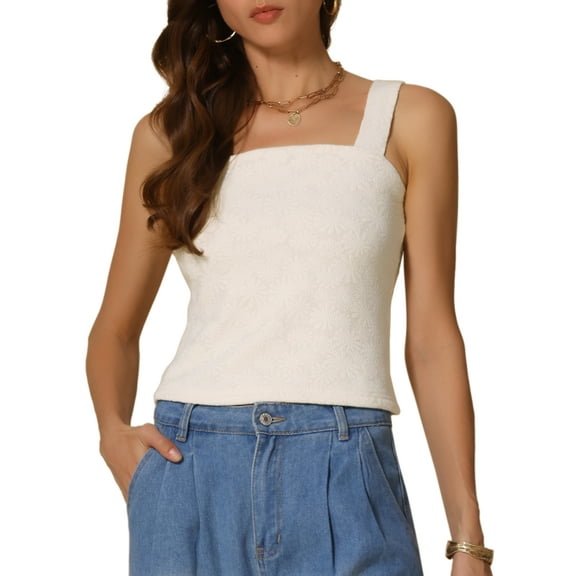 INSPIRE CHIC Women's Square Neck Wide Strap Sleeveless Crop Lettuce Trim Casual Floral Cami Top S Light Apricot