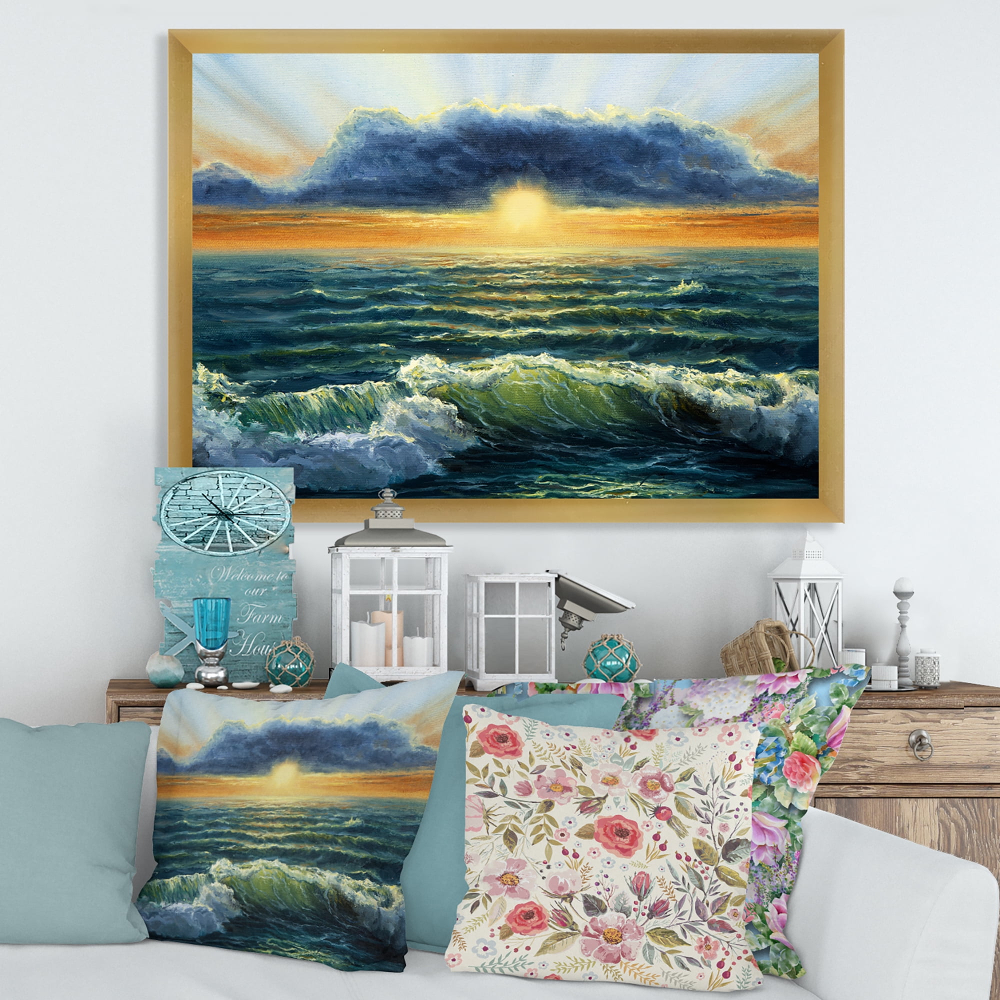 Designart 'The Blue Ocean In Sunset Evening I' Nautical & Coastal Framed Art Print