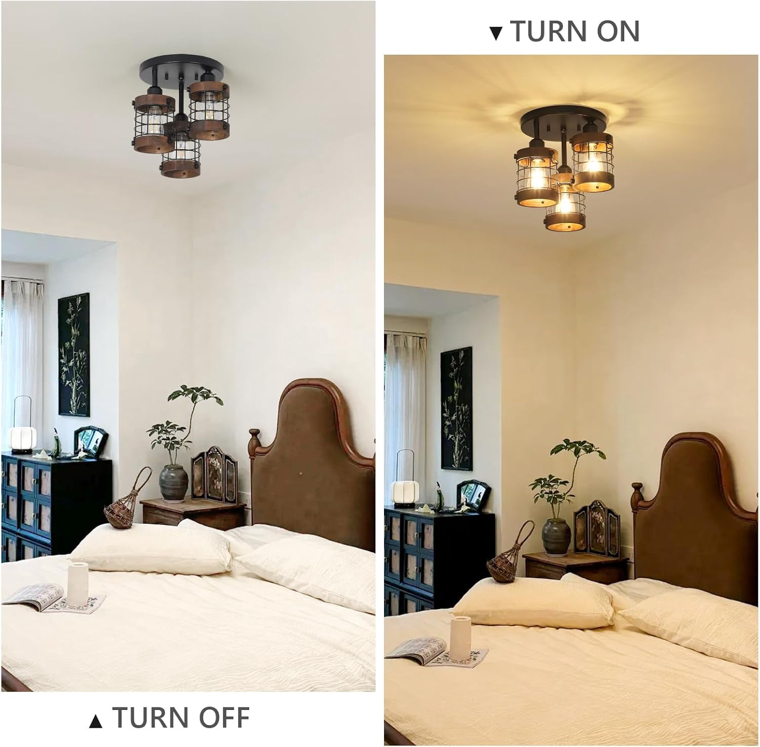3-Light Farmhouse Semi Flush Mount Ceiling Light, Black & Wood Cage Ceiling Fixture with E26 Base, Industrial Close to Ceiling Lighting for Kitchen, Hallway, Entryway, Bedroom, Porch, Dimmable, 9.8"