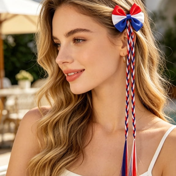 Miwamany Kids Flag Color Hair Braid Clips, 14.57in Cute Bow Hair Accessories for Girls, Polyester Decorative Braids, Secure Clip Base for Sports Events Parties Celebrations, Festival Themed Hairstyle