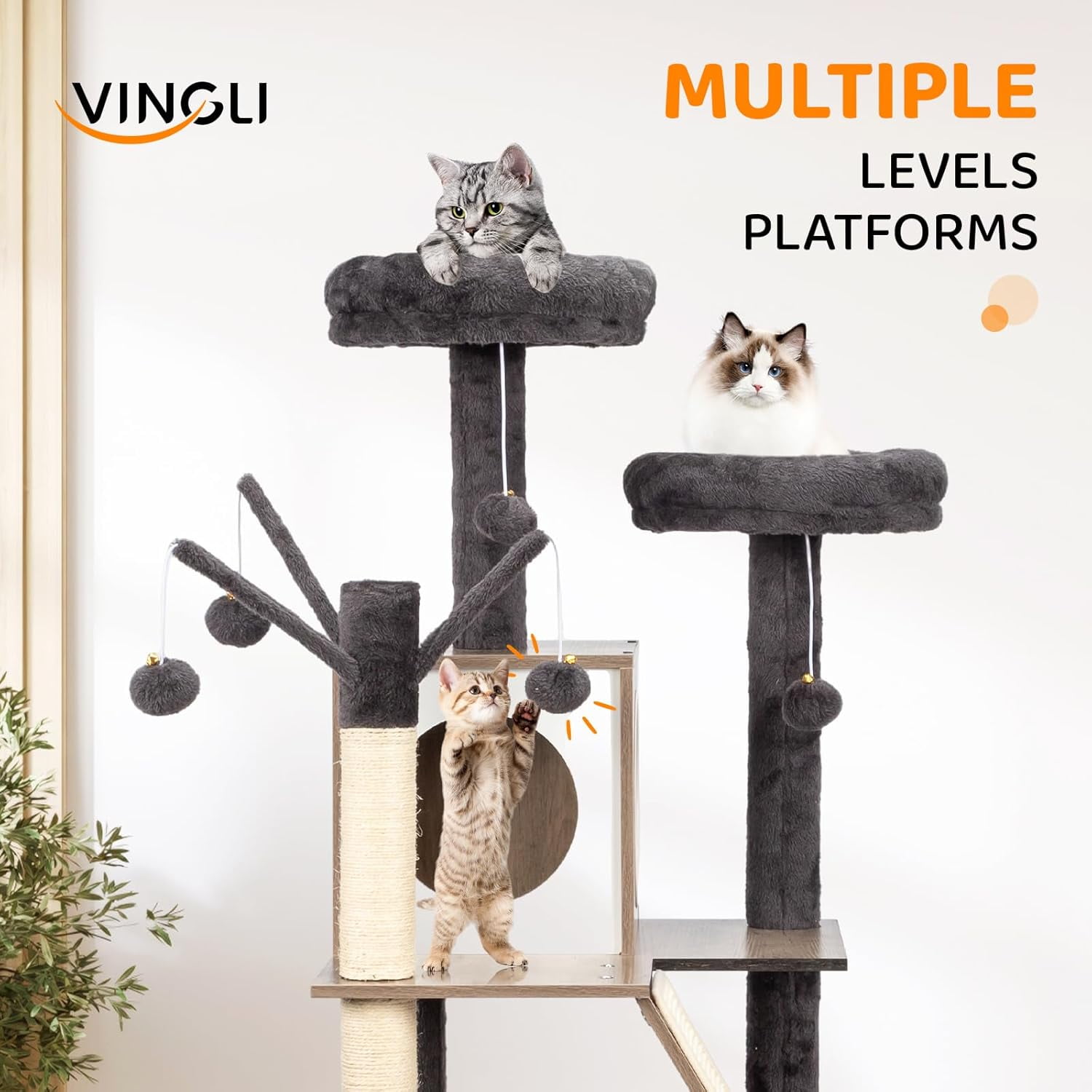 VINGLI Cat Tree Tower with Litter Box, Houses for Indoor Kittens, 53" All-in-1 Wooden Cats Condo, Cat Tower wih Scratching Posts, Hidden Cat Washroom Furniture, Gray