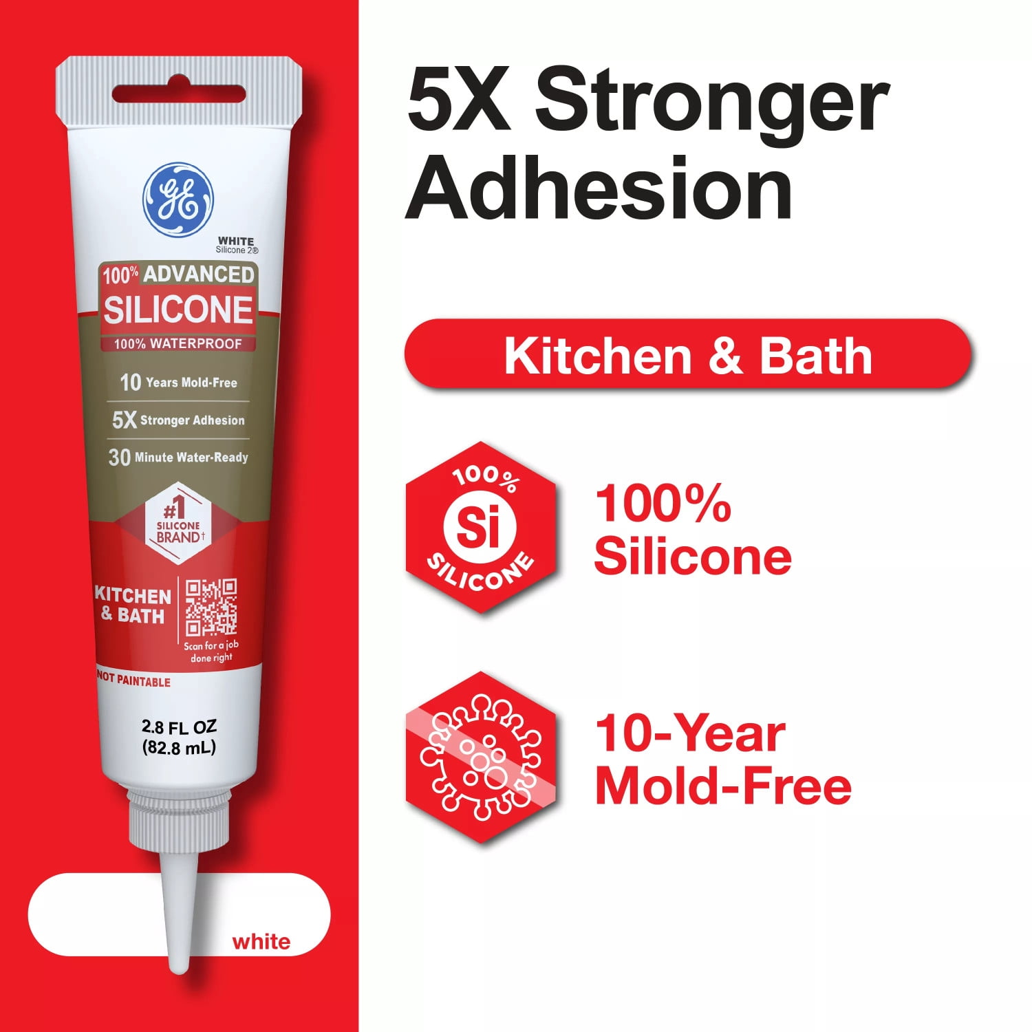 (4 pack) GE Advanced Silicone Kitchen & Bath Sealant, Pack of 1, White 2.8 fl oz Tube