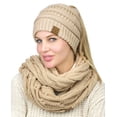 thumbnail image 2 of C.C BeanieTail Messy High Bun Cable Knit Beanie and Infinity Loop Scarf Set, Dark Beige, 2 of 4