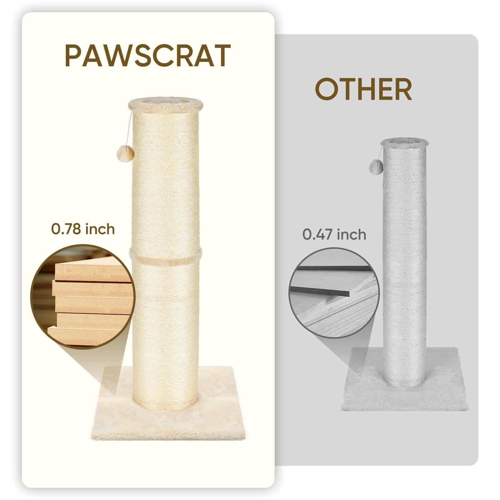 PAWSCRAT Cat Scratching Post 32 Inch High, 5.5 Inch Large Diameter Natural Sisal Cat Scratch Post,Protect Your Furniture, Scratch-Resistant and Durable Tall Cat Scratcher for Indoor Cats, Beige