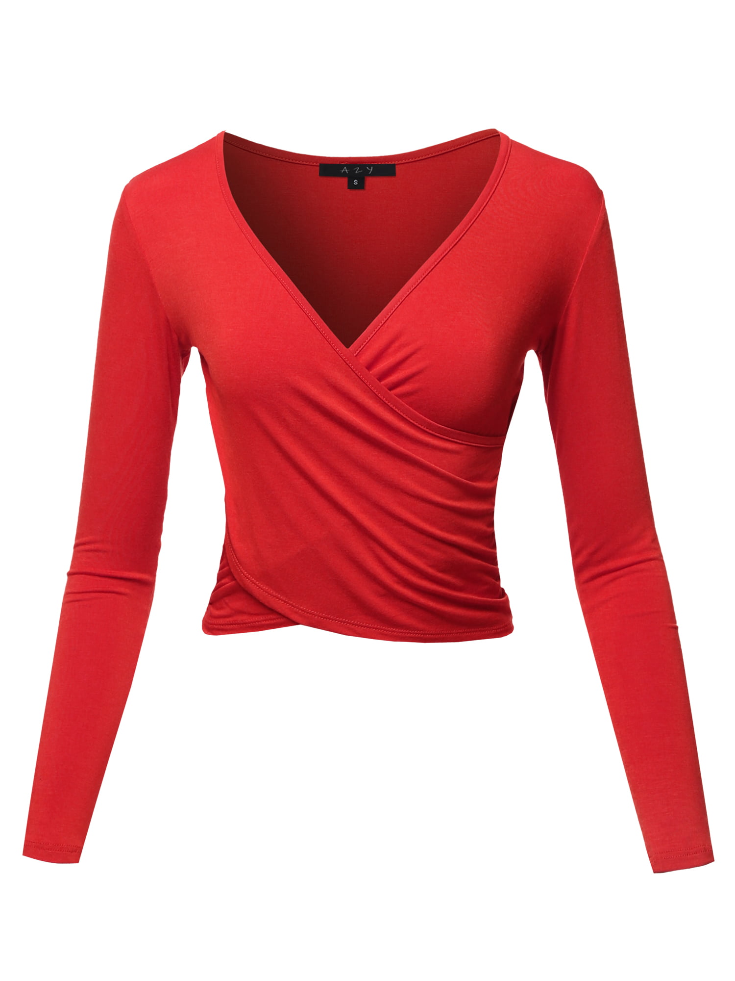 A2Y Women's Long Sleeve Deep V Neck Cross Wrap Crop Top T Shirts Red M