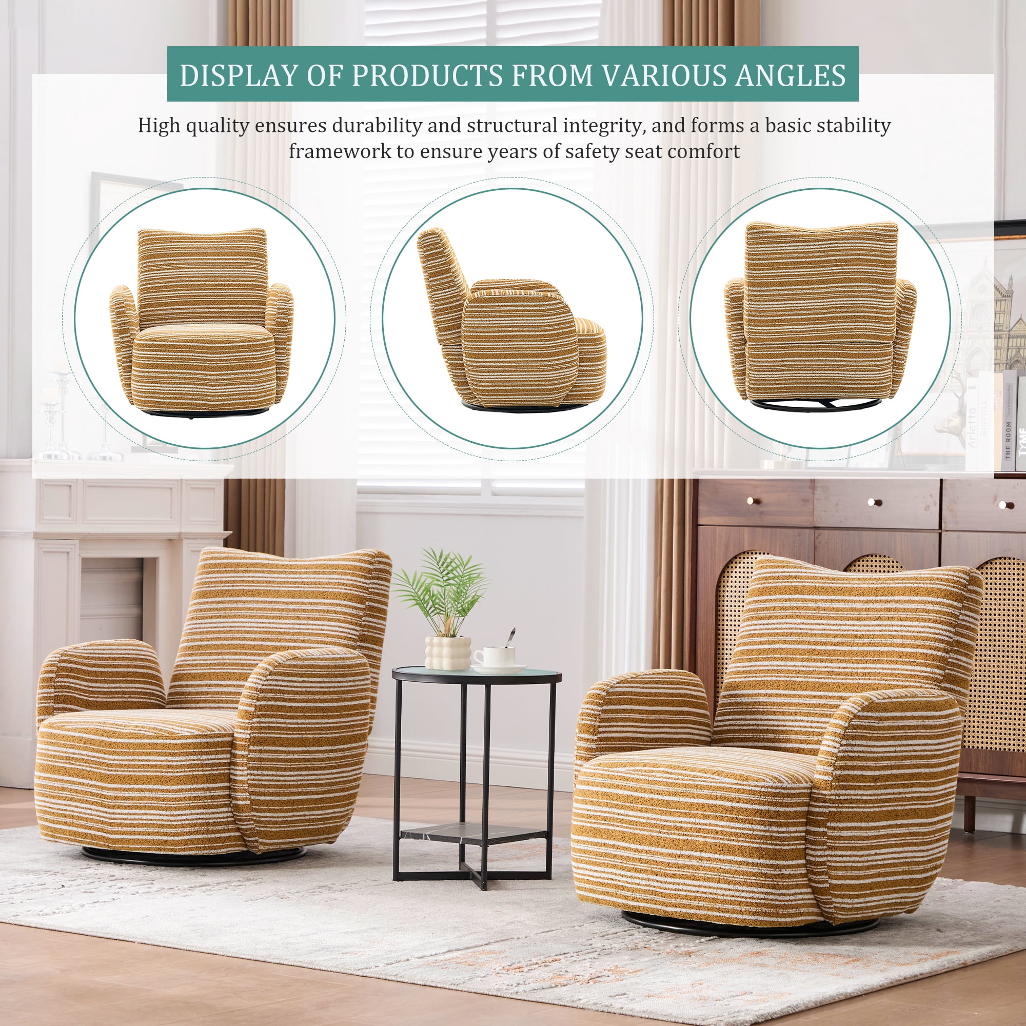 MOONMISS Boucle Upholstered 360°Swivel Fabric Striped Armrest Leisure Chair for Living room-Yellow