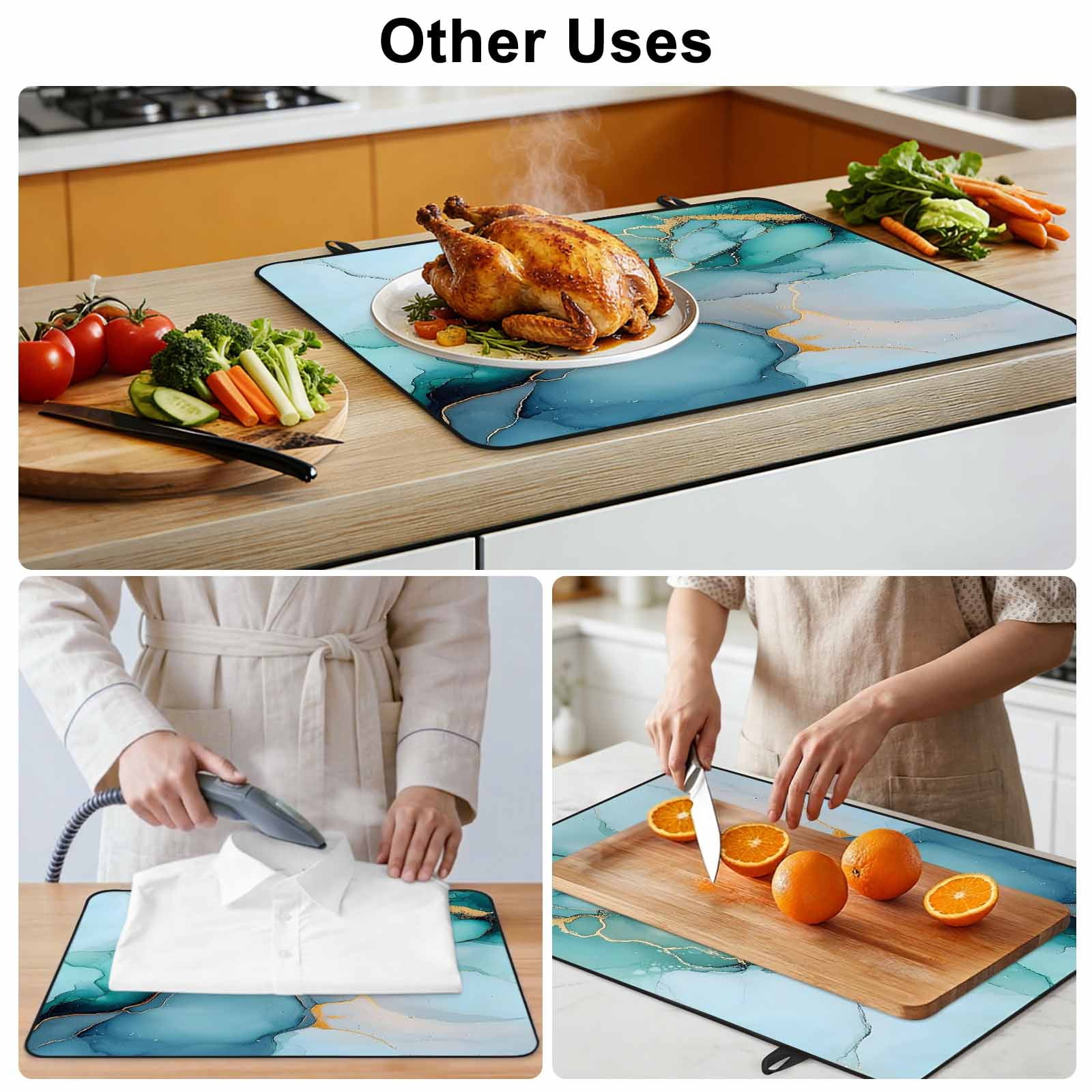 Turquoise Gold Marble Stove Top Cover for Electric Stove, Heat-proof & Non Slip Glass Top Stove Cover Protector, Abstract Teal Modern Geometric Kitchen Flat Cooktop Rubber Mat 24x21 Inches