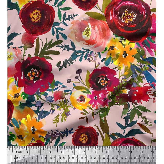 Soimoi Tissu Poly Georgette Rose Imprimé Feuilles & Fleurs Roses Tissu de Couture BTY 52 Pouces de Large