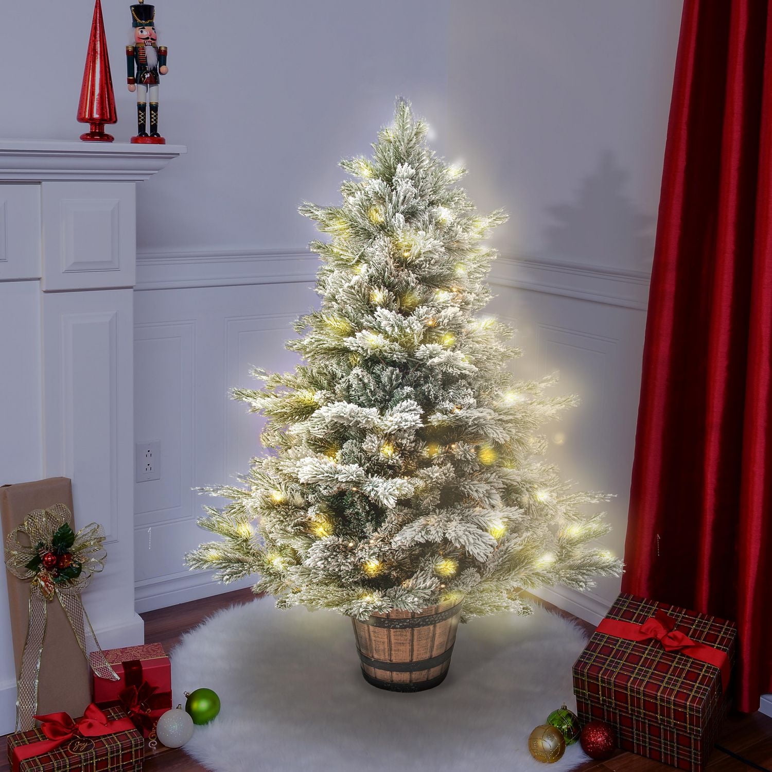 4.5 FT prelit flocked potted pine tree,100 5mm dual led (warm white/multi),8 functions,329 tips