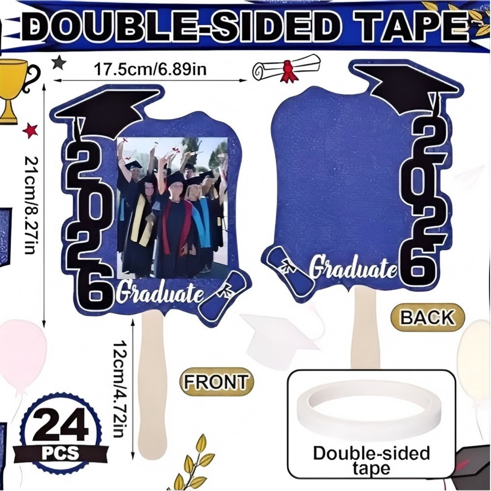 24 Pack Class Of 2026 Graduation Fans With Handle Double Sided Grad Photo Props 2026 Graduation Handheld Fans Bulk Graduation Graduation Party Keepsake High School College Senior Graduation Supplies