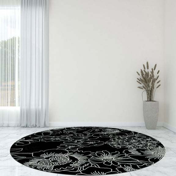 Black Area Rug 5X5, Geometric Carpet, Hand Tufted Rugs, Living room, Bedroom, Round Carpet