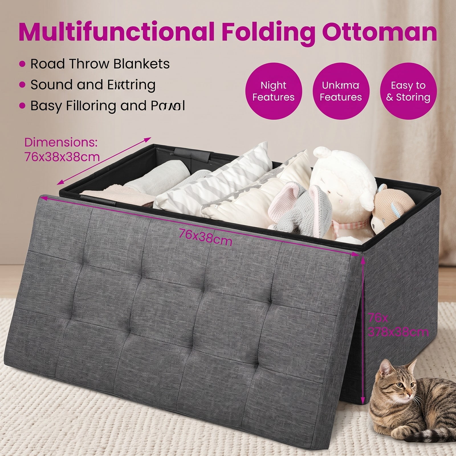Furnibear 31.5 Inch Foldable Fabric Storage Bench Ottoman with Padded Seat and Removable Hanging Bin for Entryway, Dark Gray
