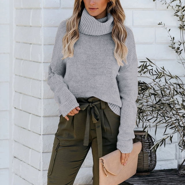 Puntoco Suéter Y Blusa Informal De Cuello Alto De Invierno para Mujer Blusa Tejida Sin Espalda Manga Larga Tops Sólidos Suéteres Liquidación De Navidad Puntoco Puntoco-4855